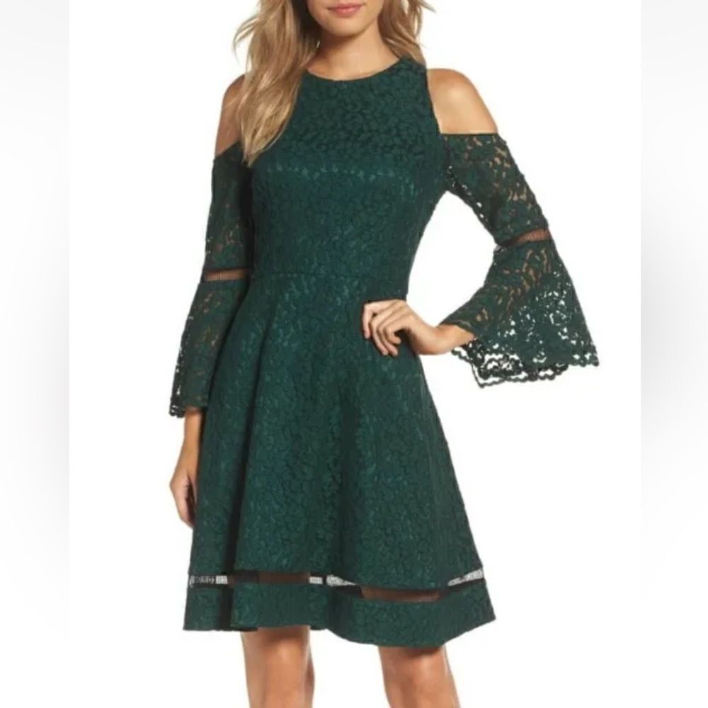 Eliza J. (Like New) Forest Green Lace Bell Sleeve Cold Shoulder Dress (Size: 8)
